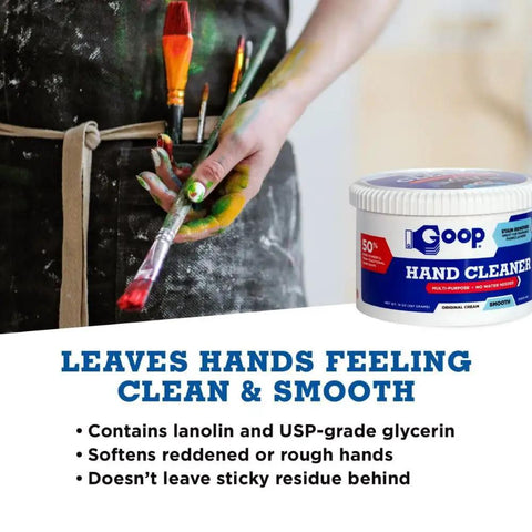 Grime Busting Hand Cleaner And Stain Remover Waterless Degreaser 14 oz jar next to painted hand holding brushes
