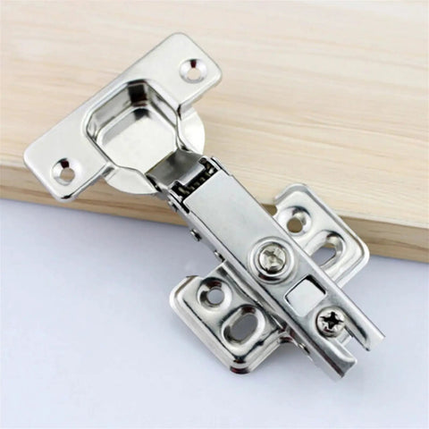 Hydraulic Soft Close Safety Door Hinge for Full Overlay Kitchen Cabinets and Cupboards, shown installed on wooden panel.