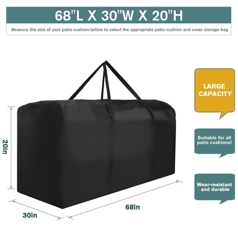 Patio Waterproof Extra Large Cushion Storage Bag With Handles, Zippered Outdoor Furniture Cover for 68In L x 30In W x 20In H