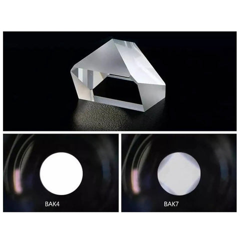 Prism comparison for Angled Monocular Quick Focus Portable Telescope showing BAK4 and BAK7 optics on black background