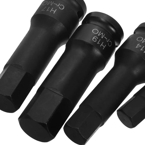 Premium 8pc Hex Impact Socket Set With Bit Adapter For Wheel Lock Lug And Axle Nuts plus 34mm Deep Spindle Sockets Heavy Duty Industrial Automotive Wrench Accessory Kit With Storage Case, black steel sockets
