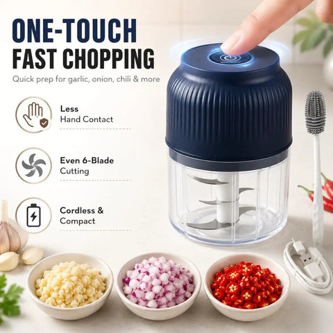 Cordless Electric Garlic Chopper And Mini Food Processor 400Ml Blue With Six Stainless Steel Blades Quick Chopping For Onions Ginger Herbs Easy Meal Prep Handheld Kitchen Gadget No Mess Recipe Helper with 6-blade cutting.