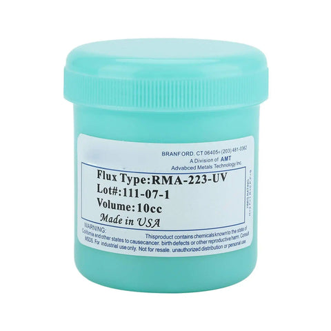 RMA-223-UV solder flux paste jar with label showing lot number and volume, designed for CSP BGA PCBs, 100g rosin flux.