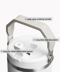Close-up of Heavy Duty 30 Oz Vacuum Insulated Tumbler With Flip Straw Lid, showing easy-grip handle and removable spout.