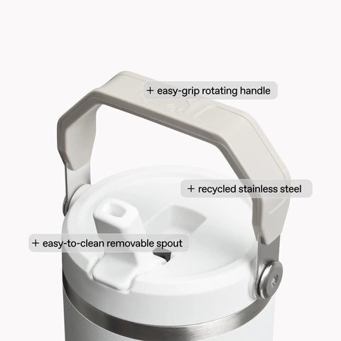 Close-up of Heavy Duty 30 Oz Vacuum Insulated Tumbler With Flip Straw Lid, showing easy-grip handle and removable spout.