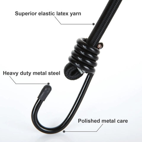 Close-up of Beefy Heavy Duty Bungee Cords 12 Pack 12 Inch With Metal Hooks showing metal hook and elastic cord with labeled features.