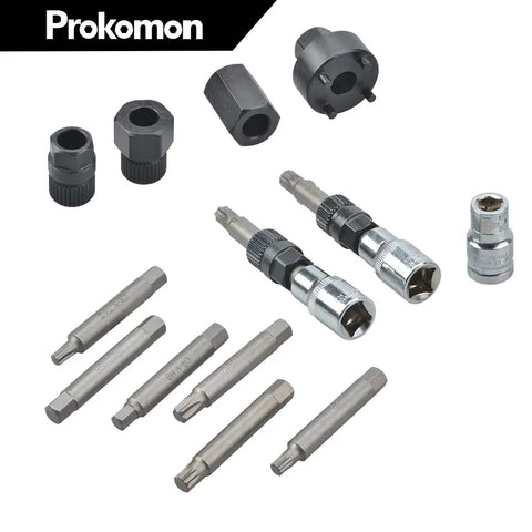 13 Piece Alternator Pulley Tool Kit For Car Maintenance Heavy Duty Decoupling And Pulley Removal Set Pro Grade Chrome Vanadium Steel For Quiet Ride Reduced Vibration And Extended Belt And Tensioner Life arranged with various components.