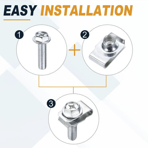 20 Piece M8 Body Bolts And U Nuts Kit With Manganese Steel U Clips For Bumper And Fender Liner Push Pull Fasteners Engine Bay Retainers Replacement Hardware For Most Cars, easy installation steps