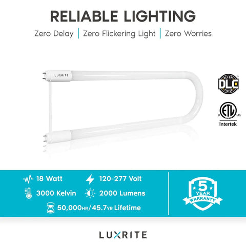 U Bend LED Tube Light T8 T12 18W 2000 Lumens 3000K Soft White Fluorescent Tube Replacement Direct Or Ballast Bypass DLC Listed