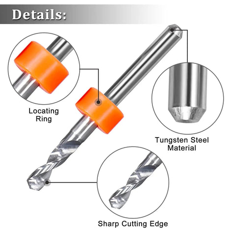 Close-up of carbide drill bit from 40 Pc PCB Drill Bit Set From 0.1mm To 3.0mm Micro Drill Bits with locating ring and sharp edge.