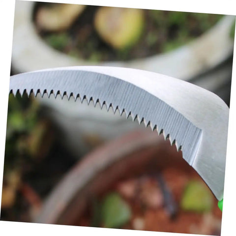 Close-up of serrated edge on scythe from 8-Piece Weeder And Grass Cutter Set For Gardening, Handheld Scythe Tools For Weeding, Planting And Lawn Care