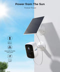 Installed solar powered wireless outdoor security camera with adjustable solar panel and text promoting power from the sun, no monthly fee.