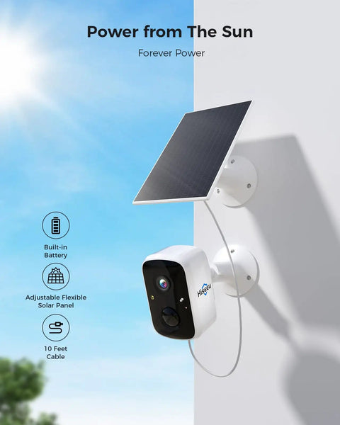 Installed solar powered wireless outdoor security camera with adjustable solar panel and text promoting power from the sun, no monthly fee.