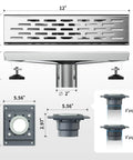 12 Inch Shower Drain With Removable Strainers In Brushed Nickel Finish High Flow Shower Drain Base dimensions and connection details