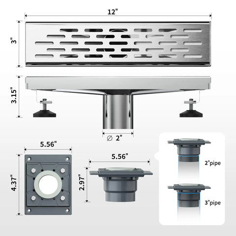 12 Inch Shower Drain With Removable Strainers In Brushed Nickel Finish High Flow Shower Drain Base dimensions and connection details