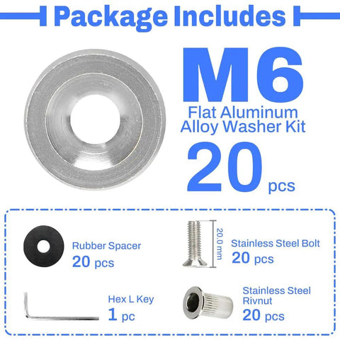 Flare Hardware Kit For M6 Mounting With 20 Silver Flat Aluminum Washers 18mm, 20 Stainless Bolts M6 X 20mm, 20 M6 Rivet Nuts, 20 Rubber Spacers, And 1 Hex L-Key For Plug-And-Play Install, Flush Surface-Smooth Fit On Trucks Or SUVs