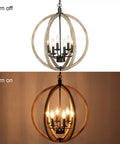 Six Light Orb Wood Chandelier With Rustic Oak Globe Frame Vintage Farmhouse Style Ceiling Light showing on and off lighting