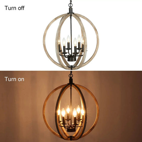 Six Light Orb Wood Chandelier With Rustic Oak Globe Frame Vintage Farmhouse Style Ceiling Light showing on and off lighting