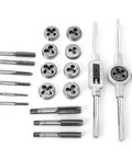 Hot 20 Piece Tap And Die Set In Alloy Steel For M3 To M12 Metric Threads With Rugged Taps Dies Wrenches For Serious Repair On Your Wheels Or Machinery, alloy steel taps, dies, and wrenches arranged on white background