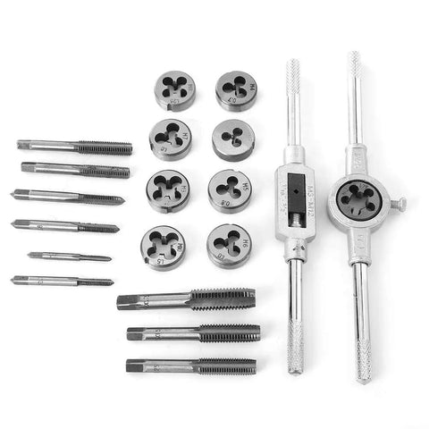 Hot 20 Piece Tap And Die Set In Alloy Steel For M3 To M12 Metric Threads With Rugged Taps Dies Wrenches For Serious Repair On Your Wheels Or Machinery, alloy steel taps, dies, and wrenches arranged on white background
