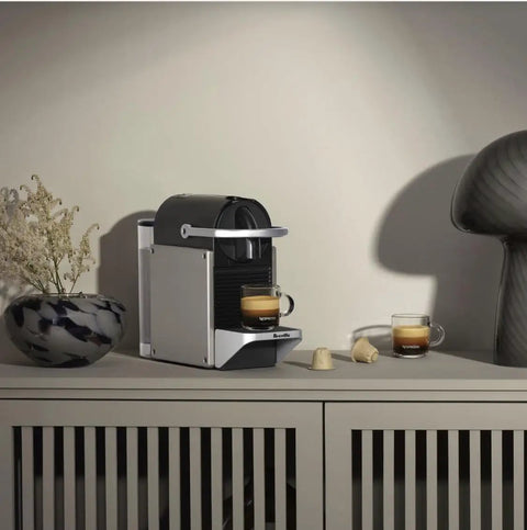 Pixie Original Espresso Machine Titan Finish For Home Use With Quick 25 Second Heat Up Two Programmable Buttons And Auto Flow Stop Energy Saving Auto Shutoff Barista Quality Espresso At Home Without The Fuss on a countertop with cups