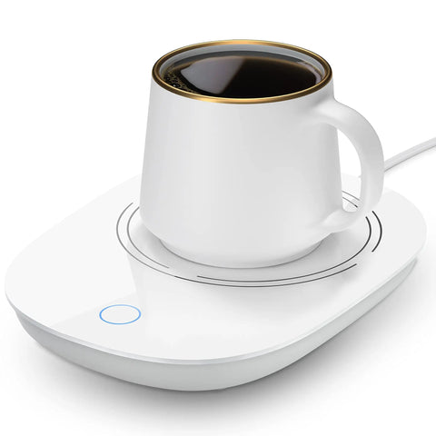 Solid Desk Cup Warmer With Gravity Sensor Auto Switch Keeps Your Morning Brew Nice And Toasty At Safe Heat Setting For Coffee Tea Milk Water Home Office Everyday Essential with coffee mug on a glass surface.