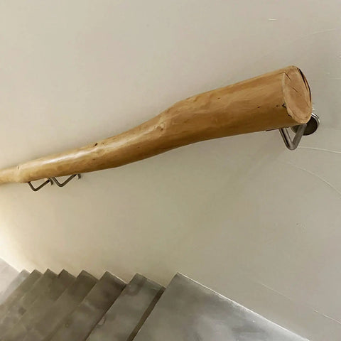 Natural Solid Wood Stair Handrail 8Ft Non Slip Grip Railing For Elderly Safety Support Indoor Outdoor Wall Mount with metal brackets.
