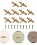 10 Pack Solid Wood Cabinet Door Handles Pulls With Single Hole Design Rustic Beech Wood And Brass Hardware shown with screws
