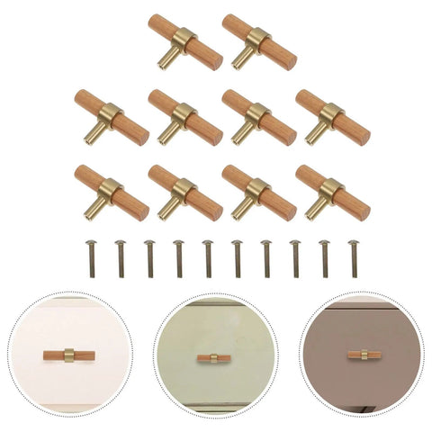 10 Pack Solid Wood Cabinet Door Handles Pulls With Single Hole Design Rustic Beech Wood And Brass Hardware shown with screws