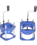 Adjustable Router Lift Base Plate Featuring Zero To Fifty Four Millimeter Height Control For Sixty Four To Sixty Five MM Routers in blue alloy.