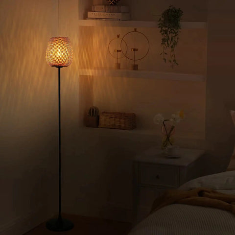 Japanese Style Bamboo Floor Lamp With Handwoven Rattan Shade, Modern Tall Standing Light in cozy living room corner