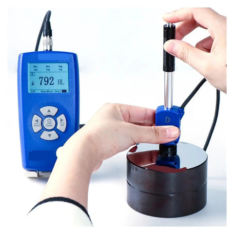 Hardness Tester Durometer For Steel And Metal With Dual Coil Digital Probe And Multiple Probe Options, Converts To HRA HRB HRC HL HV HB HS, Anti Interference, Pro Grade Precision, Fast Easy Calibration handheld unit with probe on steel block