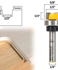 Kickass Flush Trim Router Bit For Ridiculously Clean Cuts With Half Inch Diameter Quarter Inch Shank Five Eighth Bearing And Premium Carbide Tips showing dimensions and carbide tip.
