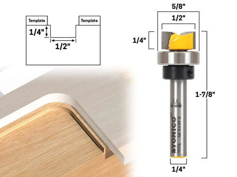 Kickass Flush Trim Router Bit For Ridiculously Clean Cuts With Half Inch Diameter Quarter Inch Shank Five Eighth Bearing And Premium Carbide Tips showing dimensions and carbide tip.