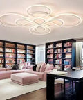 Modern 8 Ring LED Ceiling Light With Remote in a stylish living room, dimmable flush mount fixture, white aluminum, acrylic lampshade