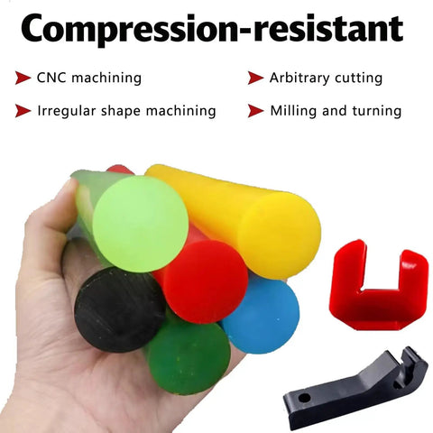 Colorful compression-resistant rods held in hand, showcasing shock absorbing PU rod for DIY projects and industrial machinery green 65x500mm.