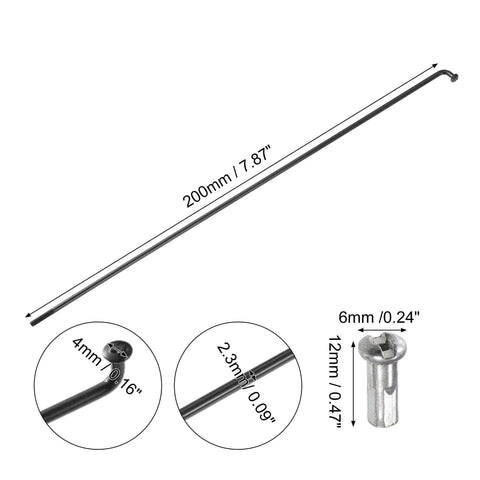40 Pcs Bicycle Steel Spokes 13G 200mm Length With Nipples Wheel Spoke Kit for most bikes illustrated with dimensions