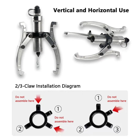 Heavy Duty Gear Puller With Hand Pump Built Tough For Auto Repair, vertical and horizontal use, 2/3-claw installation diagram