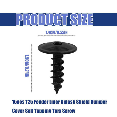 15Pc T25 Car Fender Liner Splash Shield Bumper Cover Kit with Self Tapping Torx Screw OE N90974701 shown with dimensions