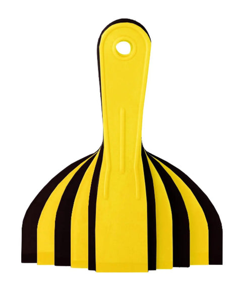 Six Piece Plastic Putty Knife Set with black and yellow handles, durable plastic tools for quick repairs and DIY projects, front view