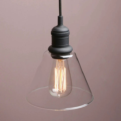 Retro Edison Style Pendant Light With Clear Glass Shade for kitchen island, black mini flush mount, E26 base, bulb glowing inside