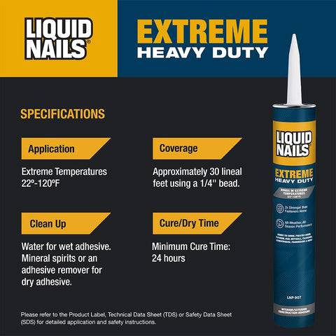 Extreme Heavy Duty Construction Adhesive 10 Oz That Binds In Extreme Temps All Weather All Season Performance tube with specs