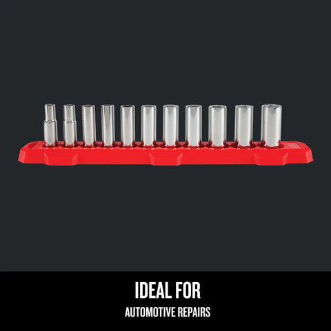 Eleven-piece Metric Three Eighths Inch Drive Six Point Socket Set with deep sockets in chrome finish, displayed on red tray.