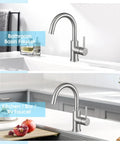 Brushed Nickel Bar Sink Faucet With Lead Free 304 Stainless Steel, Single Hole Mount, shown in bathroom and kitchen settings.