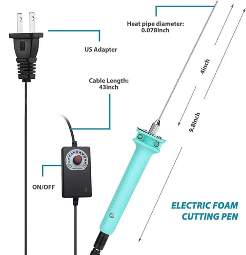 Hot Wire Foam Cutter Pen 30W High Power Foam Cutting Tool with adjustable voltage controller, ergonomic handle and dimensions labeled.