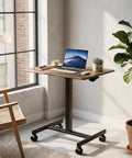 Rock Solid Mobile Standing Desk With Smooth Rollers And Quick Rise Adjustments For Effortless Sit Stand Transitions In Your Home Office Or Man Cave Featuring Classic Rustic Timber Top And Versatile Computer Workstation with laptop and plant.