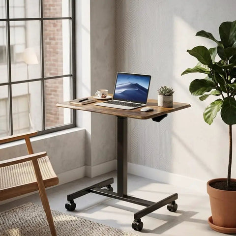 Rock Solid Mobile Standing Desk With Smooth Rollers And Quick Rise Adjustments For Effortless Sit Stand Transitions In Your Home Office Or Man Cave Featuring Classic Rustic Timber Top And Versatile Computer Workstation with laptop and plant.