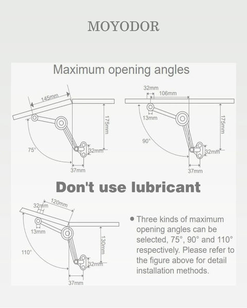 Lid stay hinge diagram for QBOSO heavy-duty pair showing front and side views with angle specs