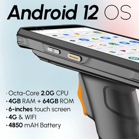 Workhorse Android Barcode Scanner With Pistol Grip Equipped With SE4710 Engine and 6.0 Inch Display showing Android 12 OS