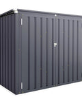 Dark grey Outdoor Trash Can Storage Shed With 46 Cu Ft Capacity, Waterproof Horizontal Cabinet showing lockable double doors.